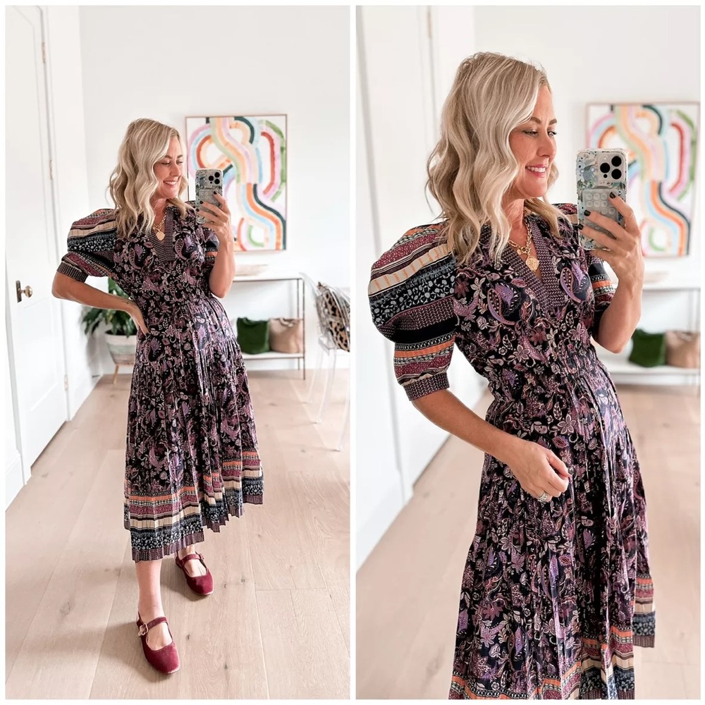 Current Air Rachel Midi Dress XS Purple Paisley Floral‎ Puff Sleeve Boho Cottage
